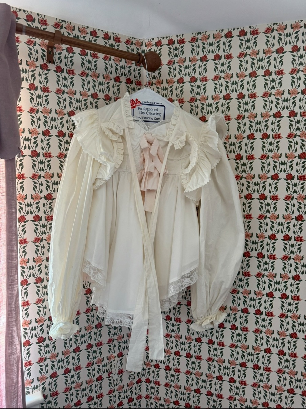 Selkie Cream Ruffle-Front Mini Dress with Pink Ribbon